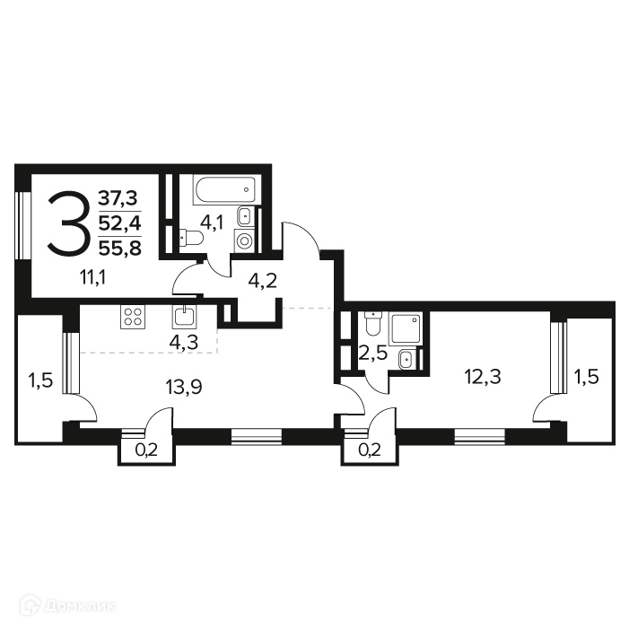 3-комнатная квартира 55.8 м² Новые Ватутинки Заречный