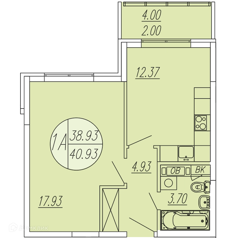 1-комнатная квартира 40.93 м² Шолохово