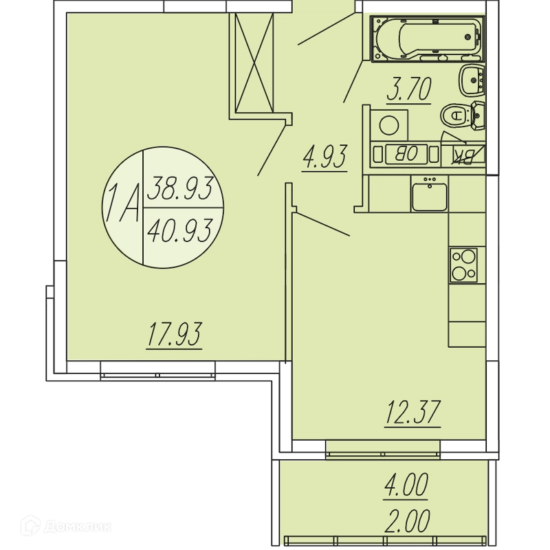 1-комнатная квартира 40.93 м² Шолохово
