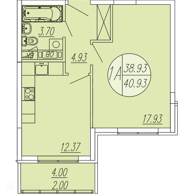 1-комнатная квартира 40.93 м² Шолохово