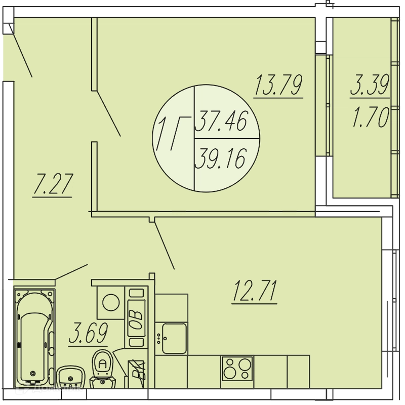 1-комнатная квартира 39.16 м² Шолохово