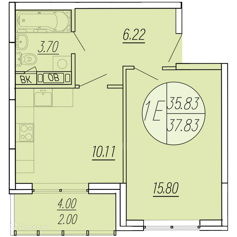 1-комнатная квартира 37.83 м² Шолохово