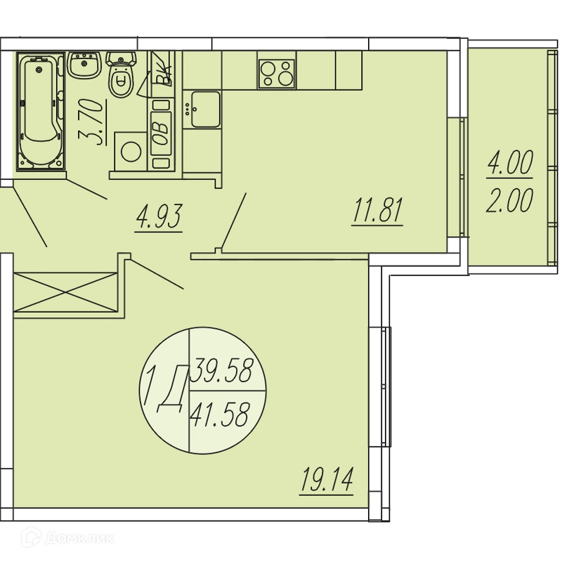 1-комнатная квартира 41.58 м² Шолохово