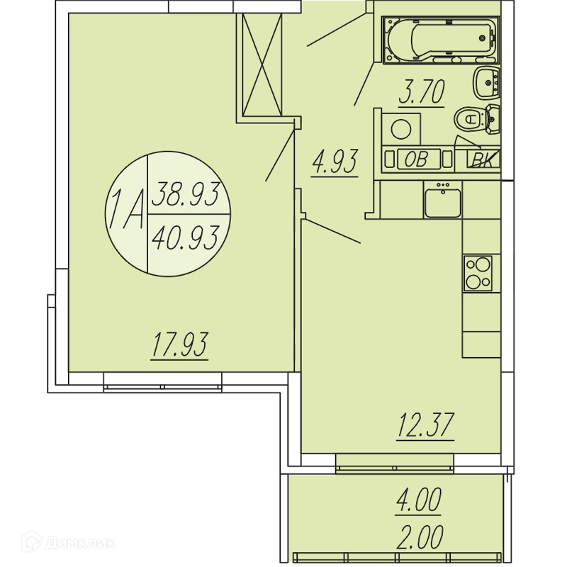 1-комнатная квартира 40.93 м² Шолохово