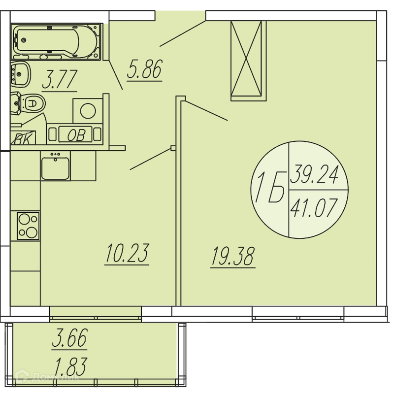 1-комнатная квартира 41.07 м² Шолохово