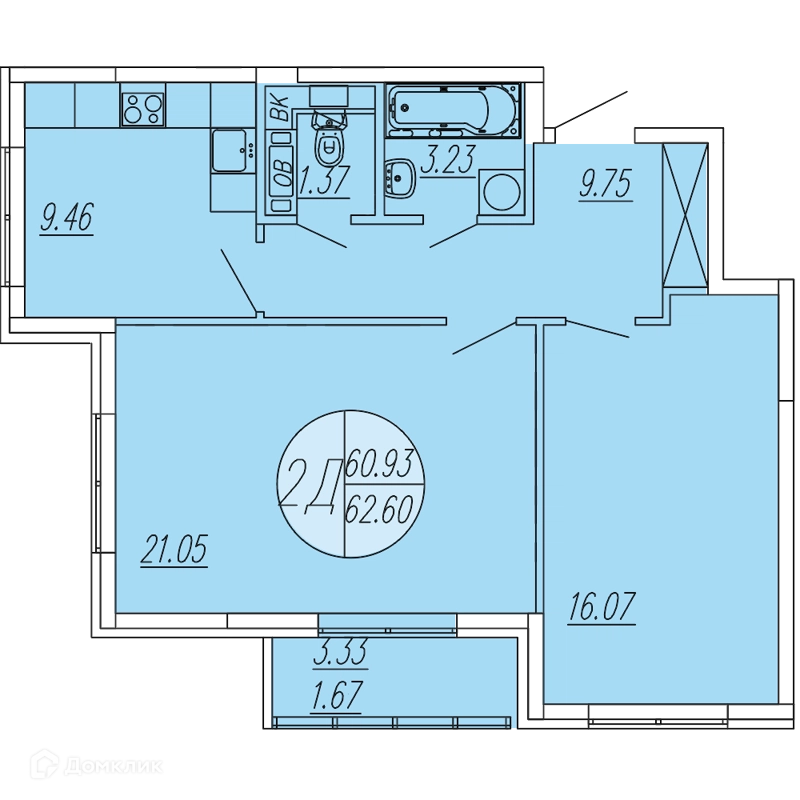 2-комнатная квартира 62.6 м² Шолохово