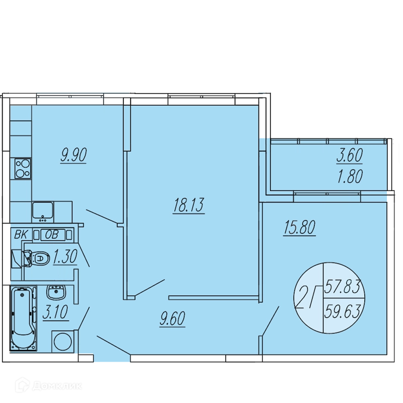 2-комнатная квартира 59.63 м² Шолохово
