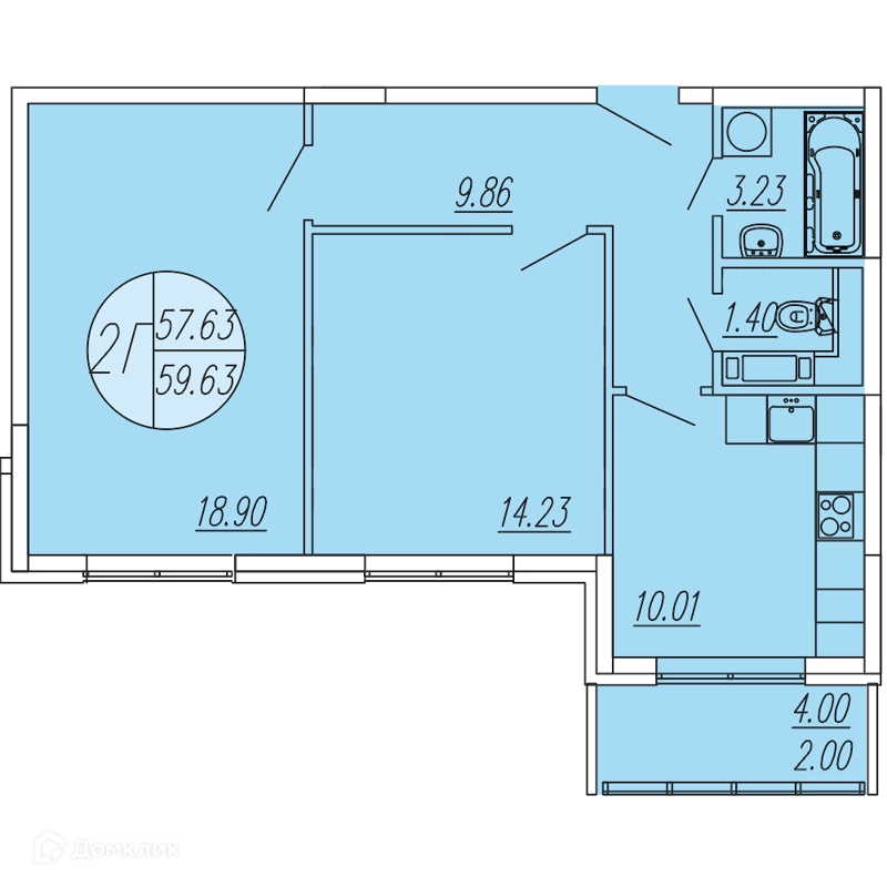 2-комнатная квартира 59.63 м² Шолохово