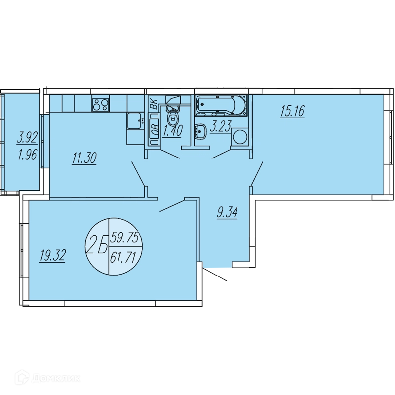 2-комнатная квартира 61.71 м² Шолохово