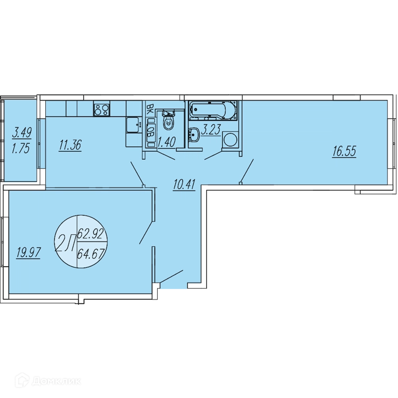 2-комнатная квартира 64.67 м² Шолохово