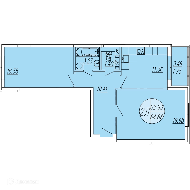 2-комнатная квартира 64.68 м² Шолохово