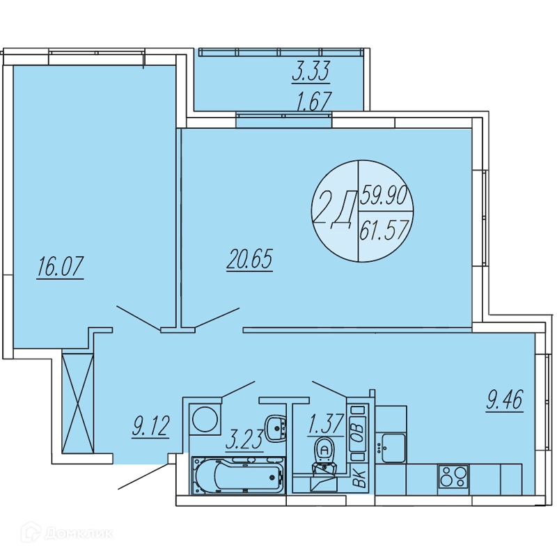 2-комнатная квартира 61.57 м² Шолохово