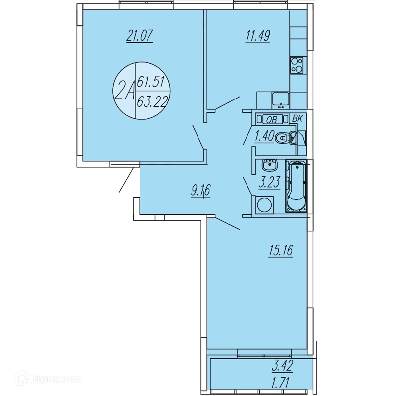 2-комнатная квартира 63.22 м² Шолохово