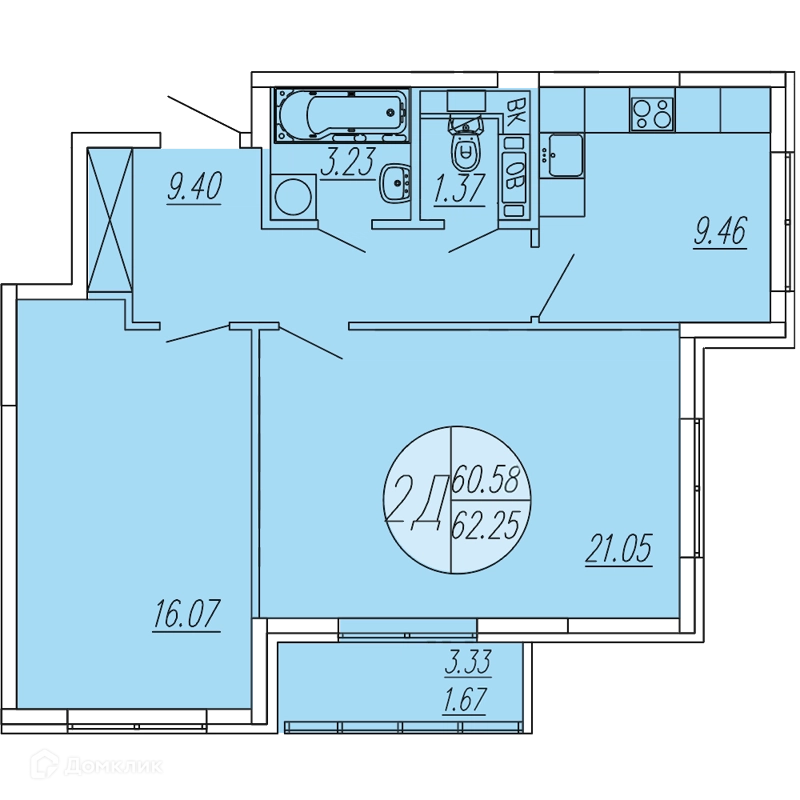 2-комнатная квартира 62.25 м² Шолохово