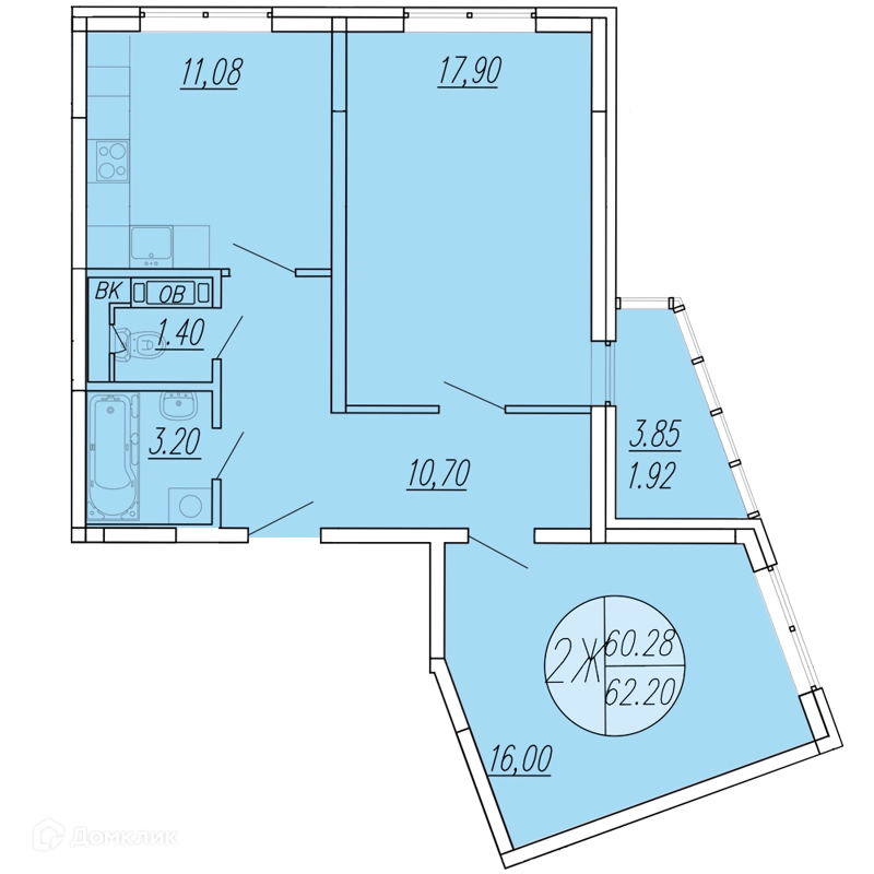 2-комнатная квартира 62.22 м² Шолохово