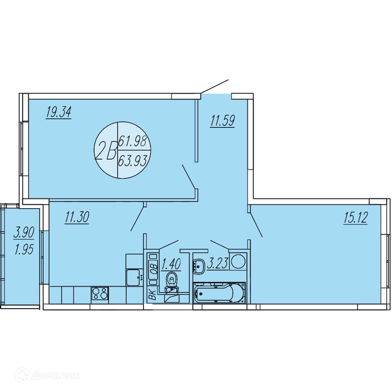 2-комнатная квартира 63.93 м² Шолохово