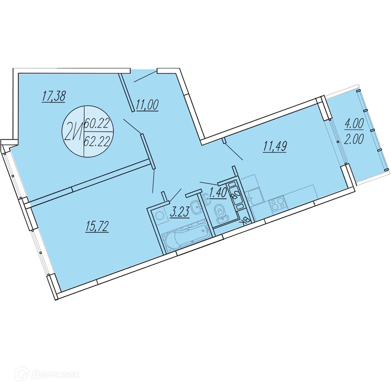 2-комнатная квартира 62.22 м² Шолохово