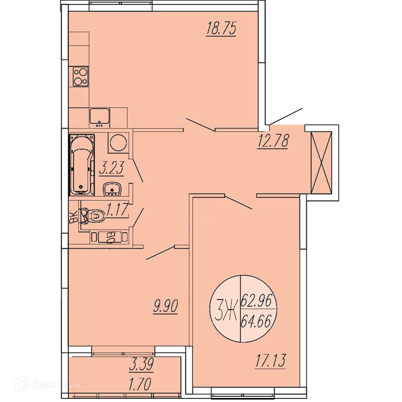 3-комнатная квартира 64.66 м² Шолохово