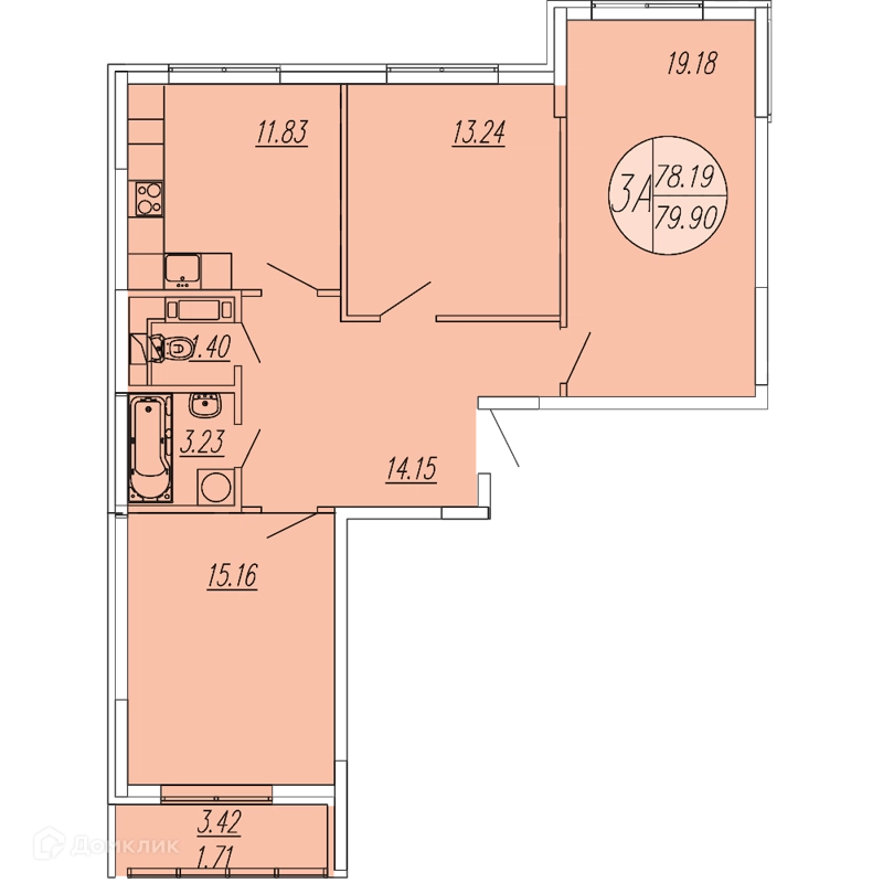 3-комнатная квартира 79.9 м² Шолохово