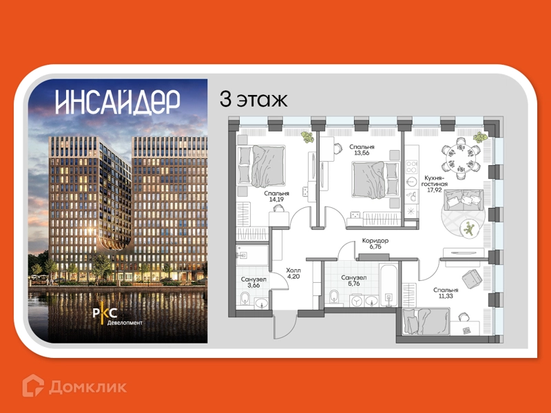 3-комнатные апартаменты 75.59 м² Дом на набережной Инсайдер
