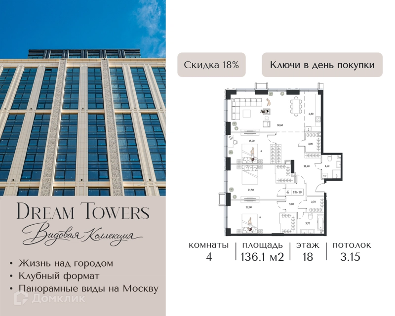 4-комнатная квартира 136.1 м² Dream Towers