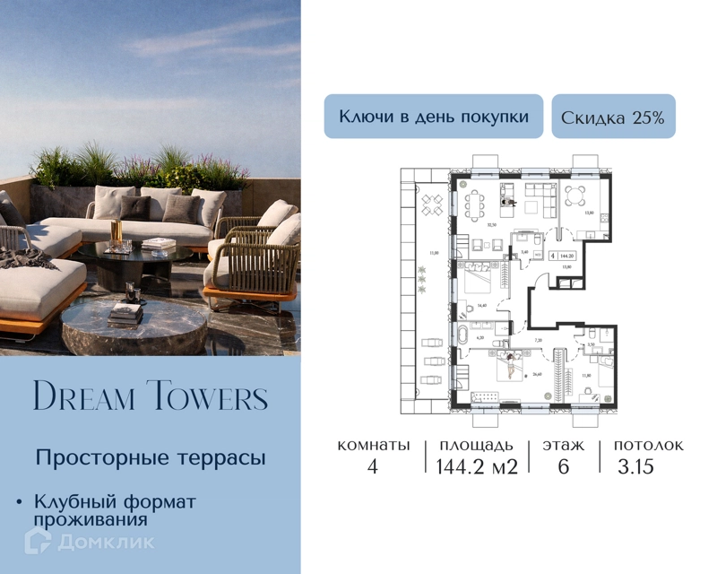 4-комнатная квартира 144.2 м² Dream Towers