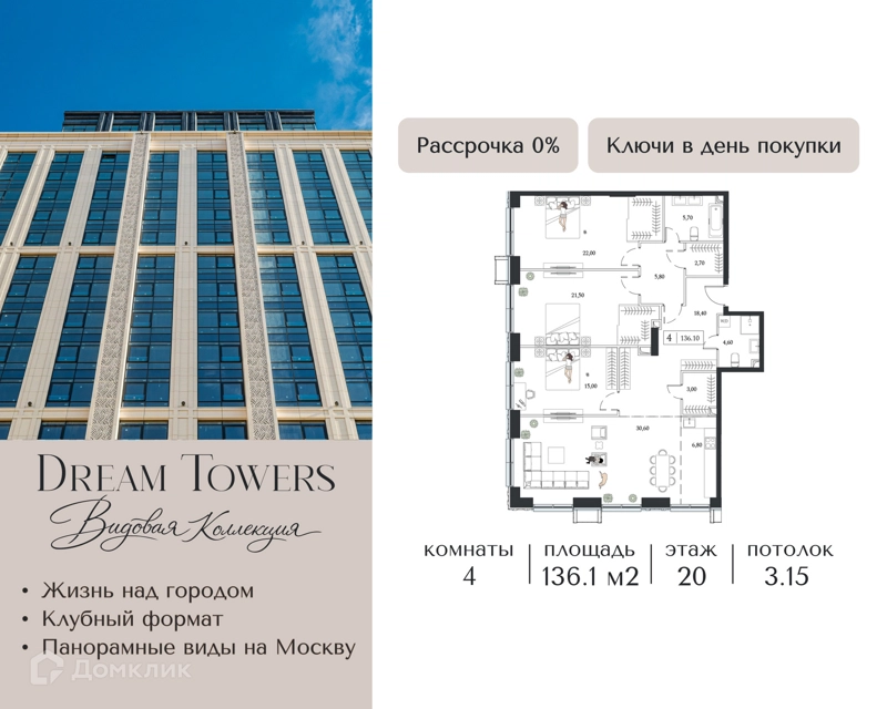 4-комнатная квартира 136.1 м² Dream Towers