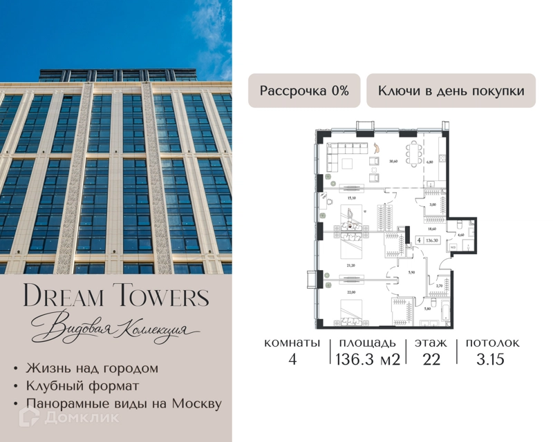 4-комнатная квартира 136.3 м² Dream Towers