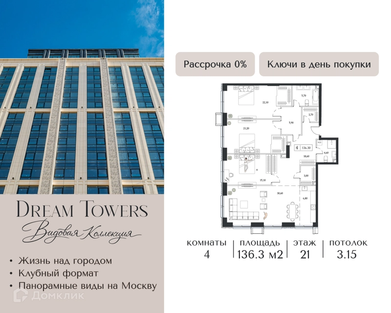 4-комнатная квартира 136.3 м² Dream Towers