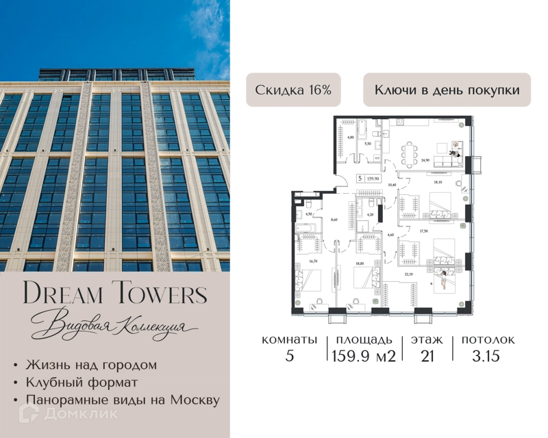 5-комнатная квартира 159.9 м² Dream Towers