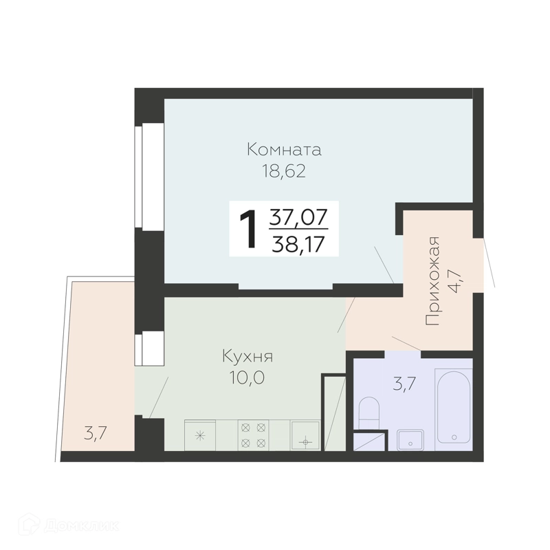 1-комнатная квартира 38.17 м² Онегин