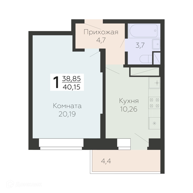 1-комнатная квартира 40.15 м² Онегин