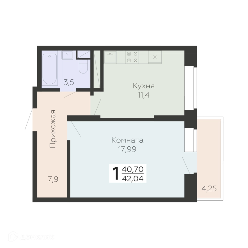 1-комнатная квартира 42.04 м² Онегин