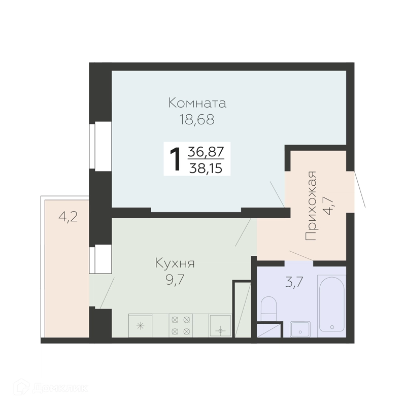 1-комнатная квартира 38.15 м² Онегин