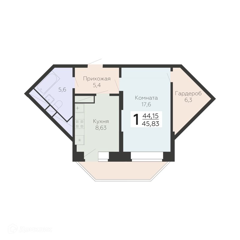 1-комнатная квартира 45.83 м² Онегин