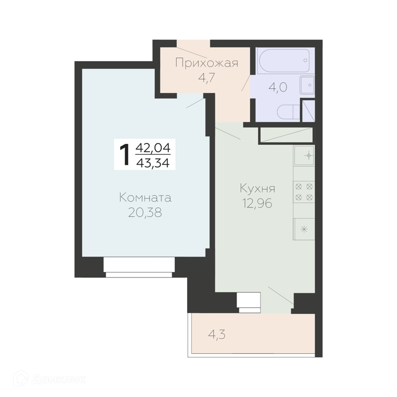 1-комнатная квартира 44.45 м² Онегин