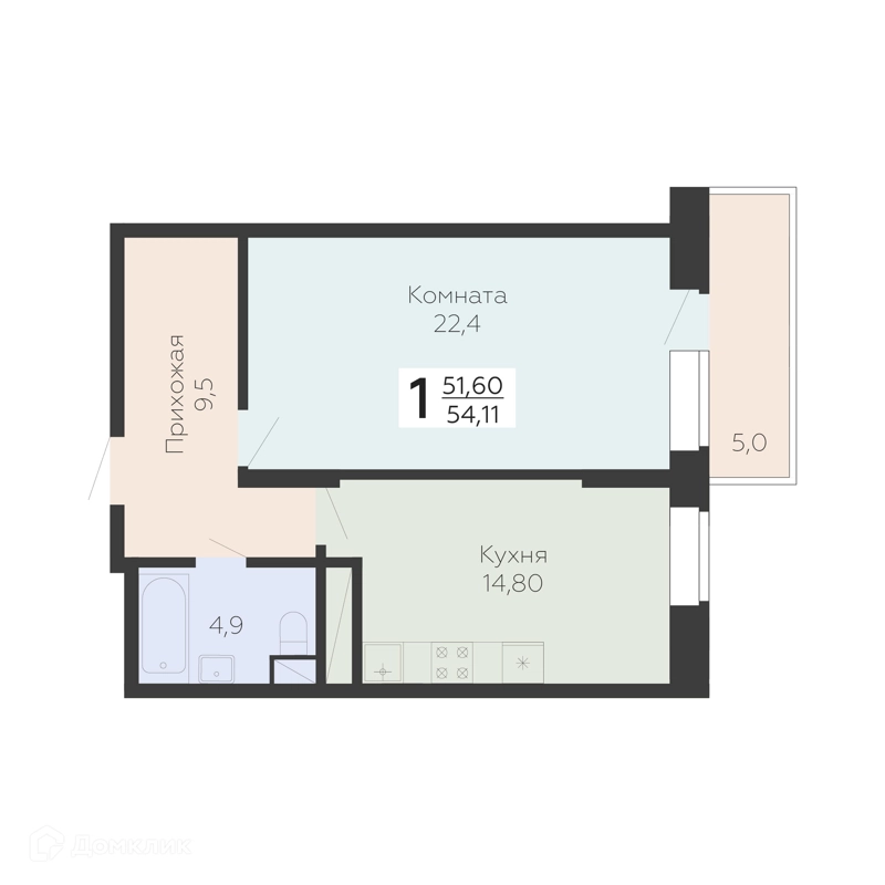1-комнатная квартира 54.11 м² Онегин