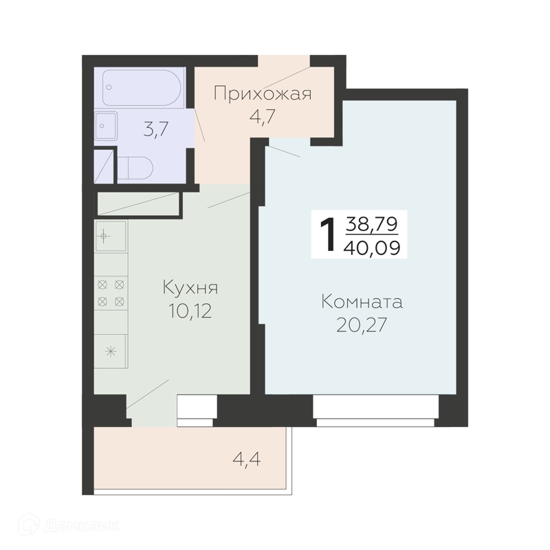 1-комнатная квартира 40.09 м² Онегин