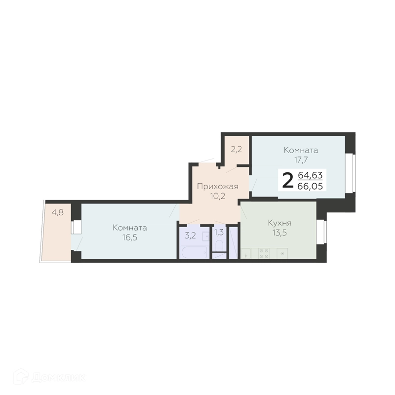 2-комнатная квартира 66.05 м² Онегин