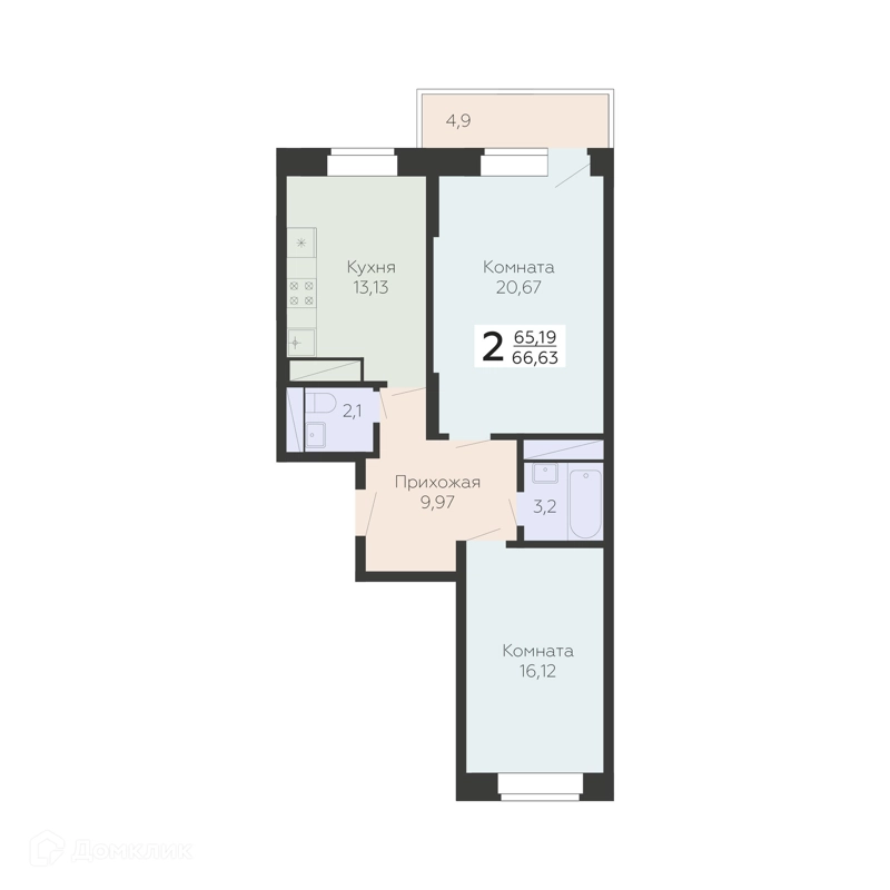 2-комнатная квартира 66.63 м² Онегин