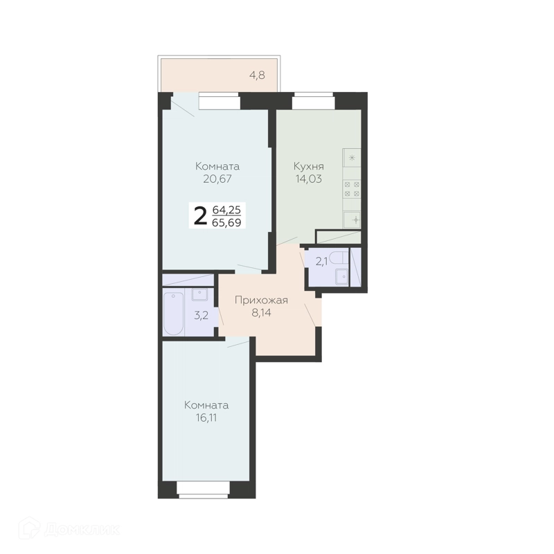 2-комнатная квартира 65.69 м² Онегин