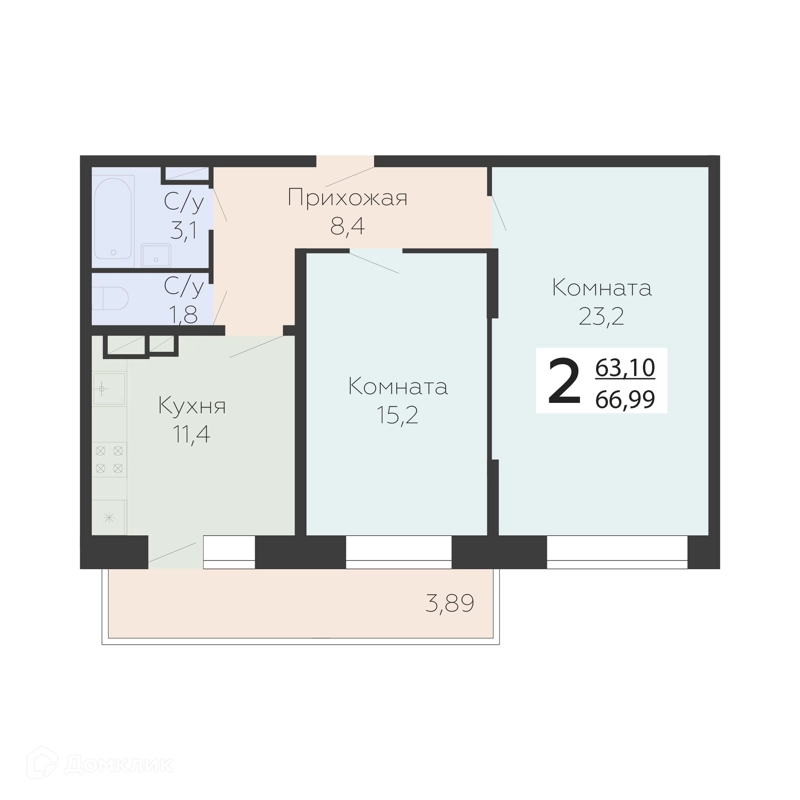 2-комнатная квартира 66.99 м² Онегин