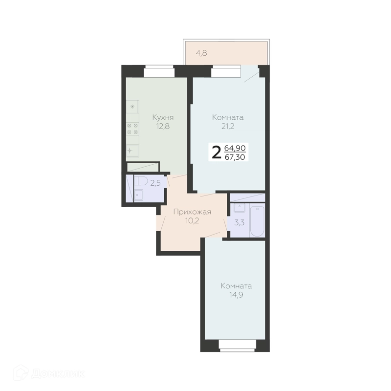 2-комнатная квартира 67.3 м² Онегин