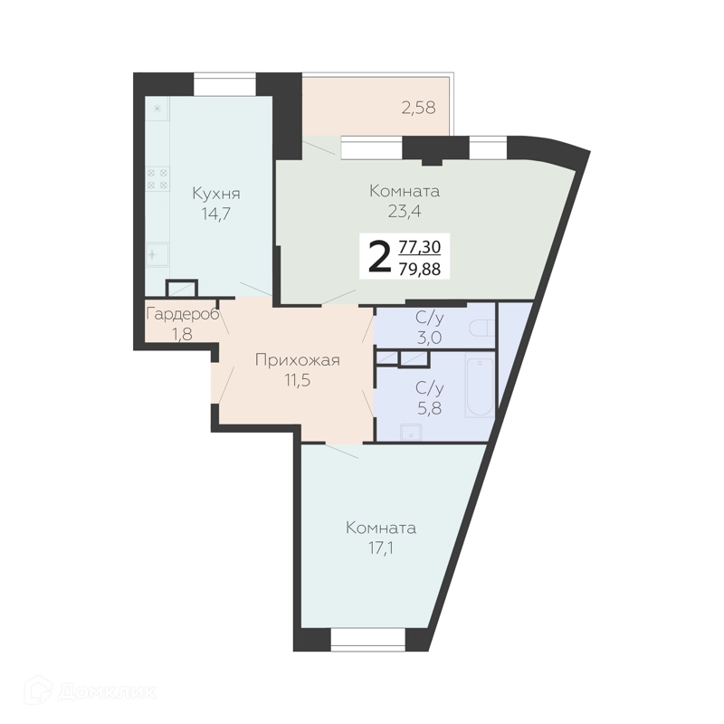 2-комнатная квартира 79.88 м² Онегин