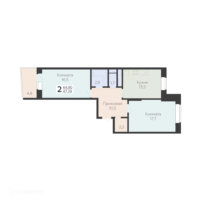 2-комнатная квартира 67.29 м² Онегин