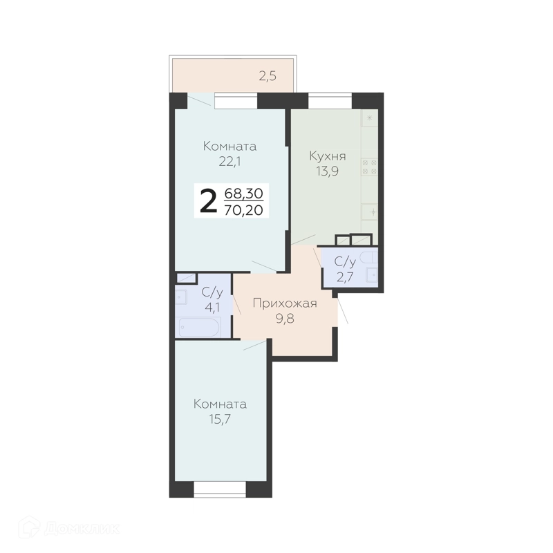 2-комнатная квартира 70.2 м² Онегин