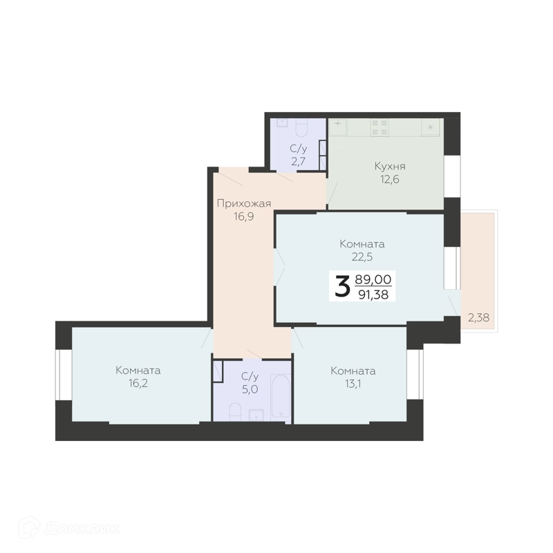 3-комнатная квартира 91.38 м² Онегин