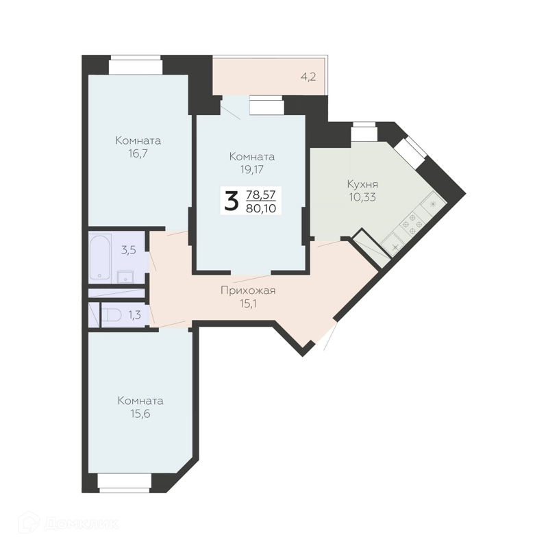 3-комнатная квартира 80.1 м² Онегин