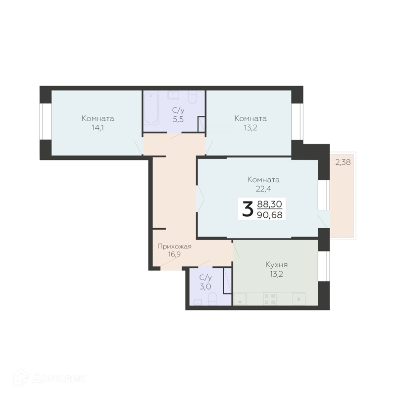 3-комнатная квартира 90.68 м² Онегин