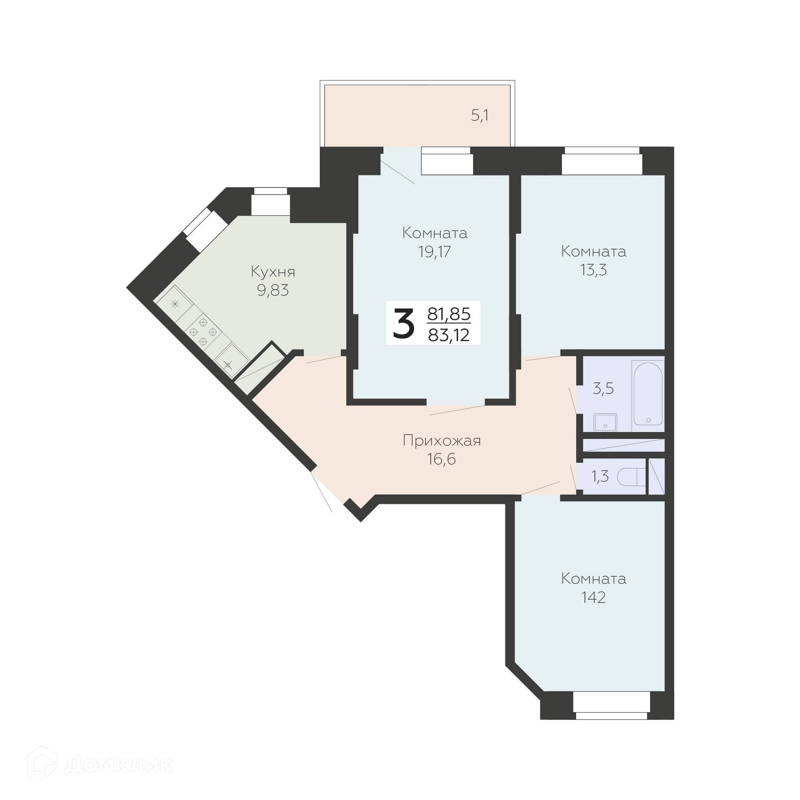 3-комнатная квартира 83.12 м² Онегин